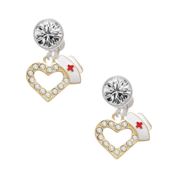 Goldtone Small Crystal Heart with Nurse Hat Clear Crystal Clip On Earrings