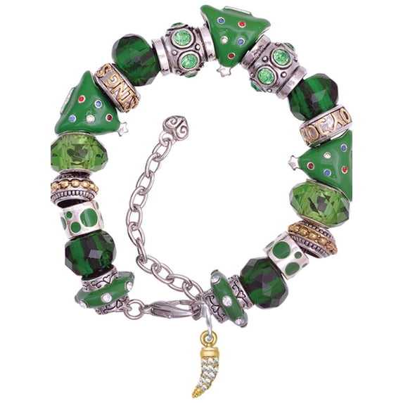 Goldtone Small Crystal Sabre Tooth Green Christmas Bead Bracelet