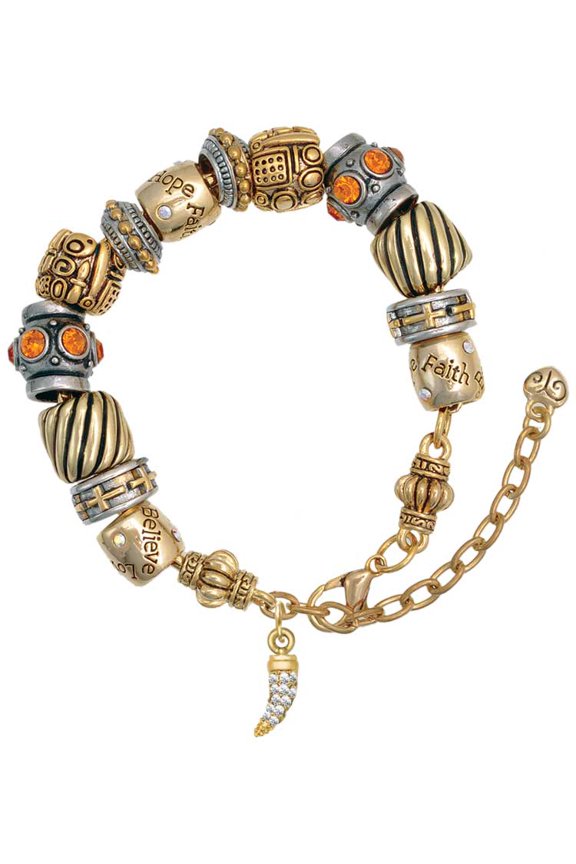 Goldtone Small Crystal Sabre Tooth Two Tone Christian Bead Bracelet