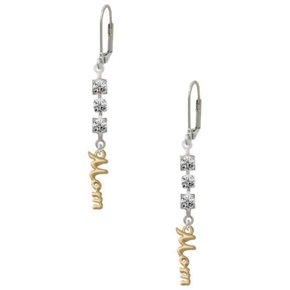 Goldtone Small Mom Script Crystal Madison Leverback Earrings