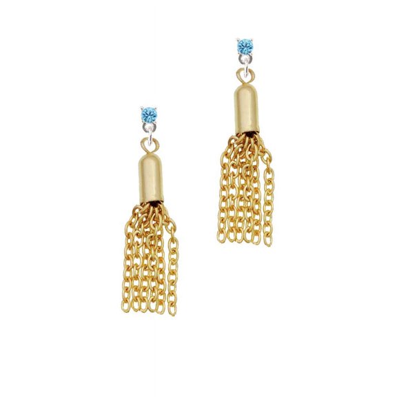 Goldtone Small Tassel Hot Blue Crystal Post Earrings
