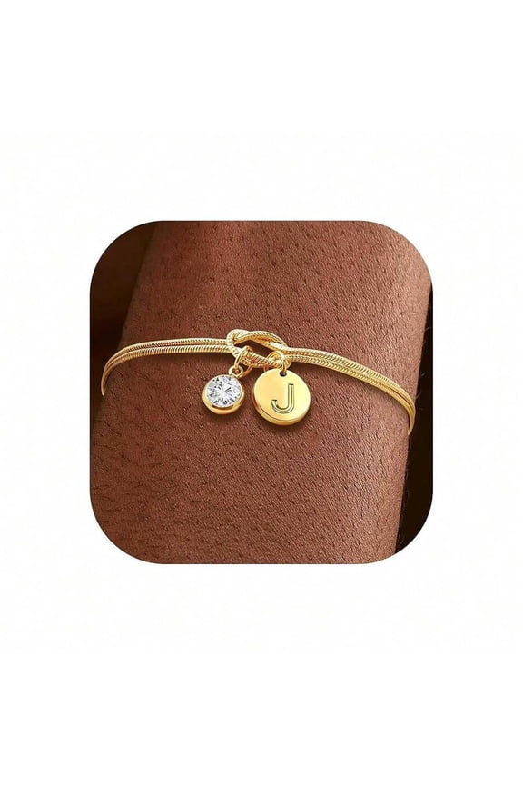 Goldtone Snake Chain Charm Bracelet With Crystal & Initial J - J-apr