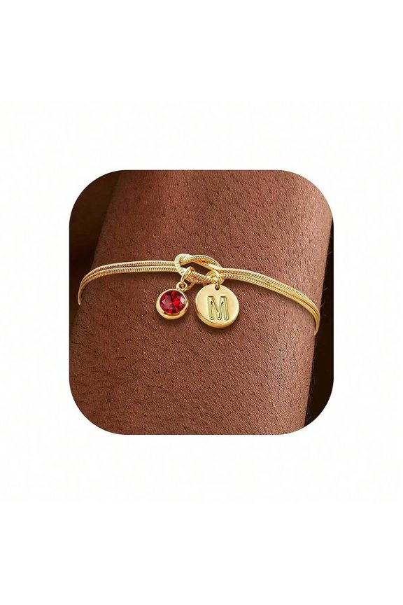 Goldtone Snake Chain Charm Bracelet With Red Gem & Initial M - M-Jan