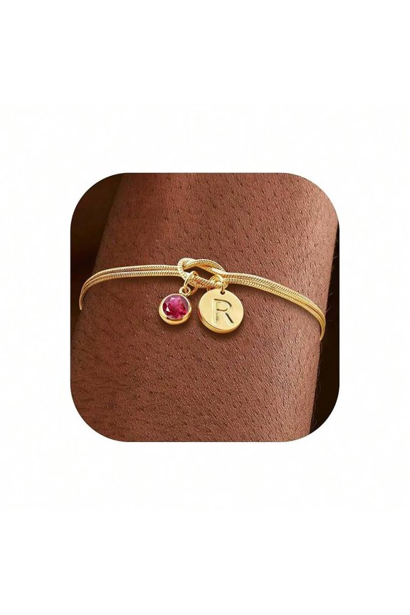 Goldtone Snake Chain Charm Bracelet With Red Gem & Initial R - R-Jul