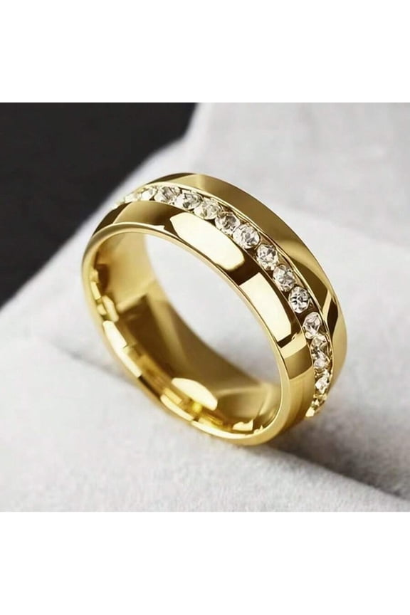 Goldtone Stainless Steel Band Ring With Channel-Set Cubic Zirconia, Unisex