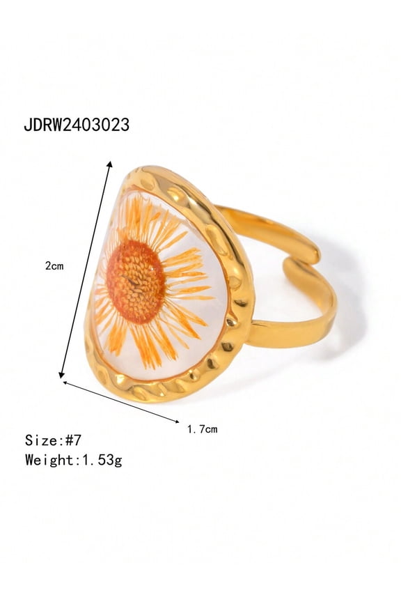 Goldtone Stainless Steel Eternal Flower Ring With Orange Sunflower In Clear Resin