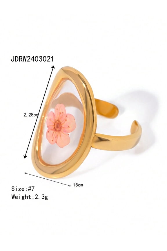 Goldtone Stainless Steel Eternal Flower Ring With Pink Plum Blossom Dried Flower In Clear Resin