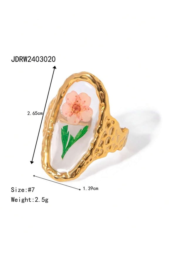 Goldtone Stainless Steel Eternal Flower Ring With Pink Plum Blossoms And Green Leaves In Clear Resin