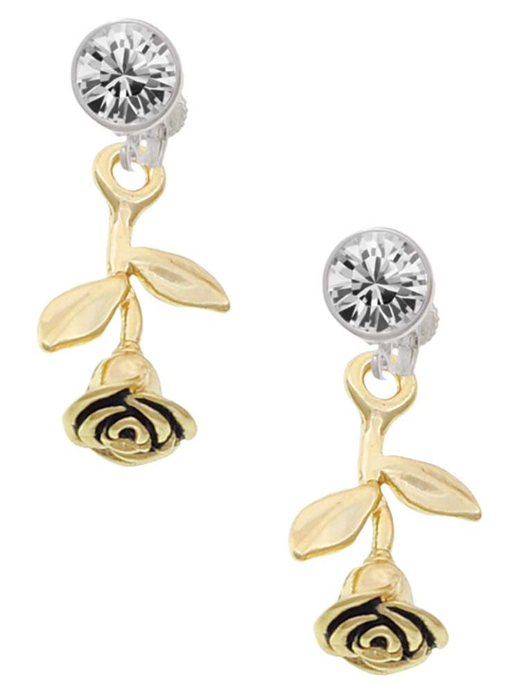 Goldtone Stemmed Rose Clear Crystal Clip On Earrings