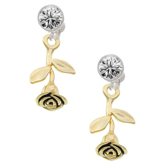 Goldtone Stemmed Rose Clear Crystal Clip On Earrings