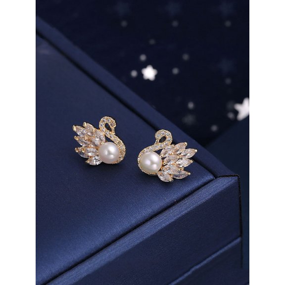 Goldtone Swan Stud Earrings With Cubic Zirconia And Simulated Pearl