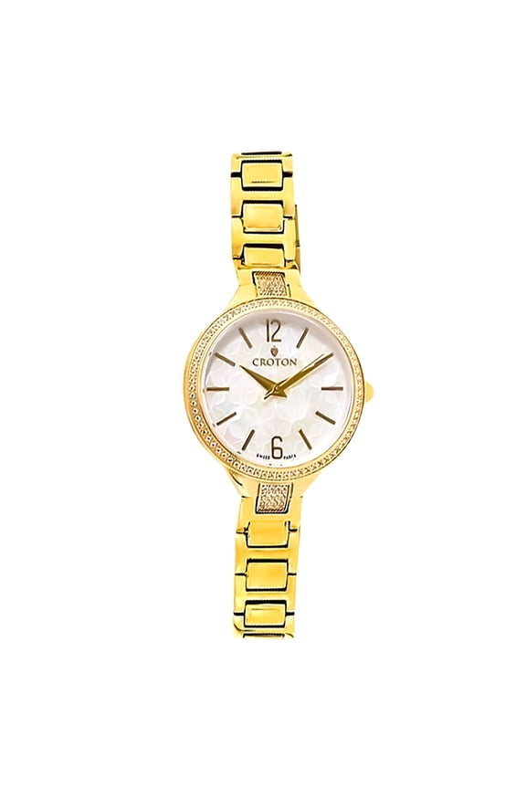 Goldtone Swiss Quartz Watch with White Topaz Bezel & Mosaic Mother of Pearl Dial