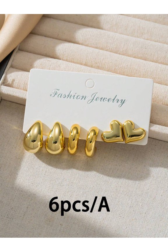 Goldtone Teardrop C-Shaped Heart Earring Set 6 Pieces