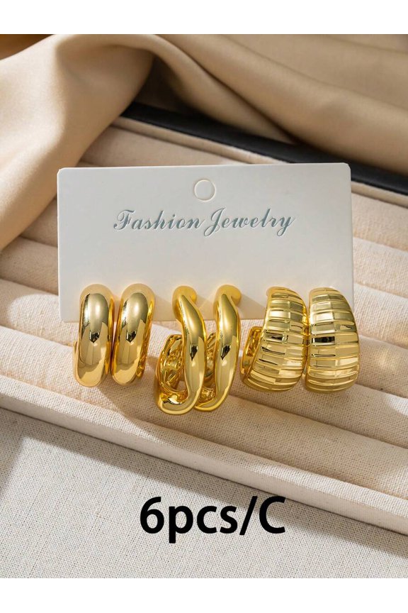 Goldtone Textured And Smooth Hoop Earring Set 6 Pieces C