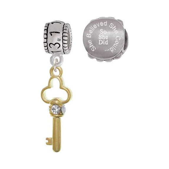 Goldtone Trefoil Key with Crystals 13.1 Half Marathon Run She Believed She Could Charm Beads (Set of 2)