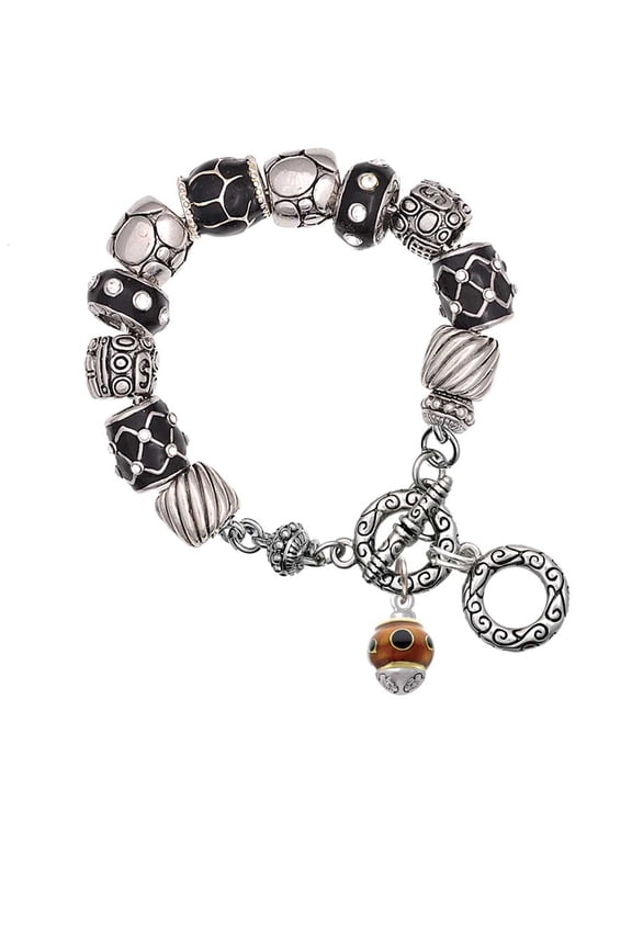 Goldtone Wide Black Dots on Translucent Brown Spinner Black Pebble Bead Charm Bracelet