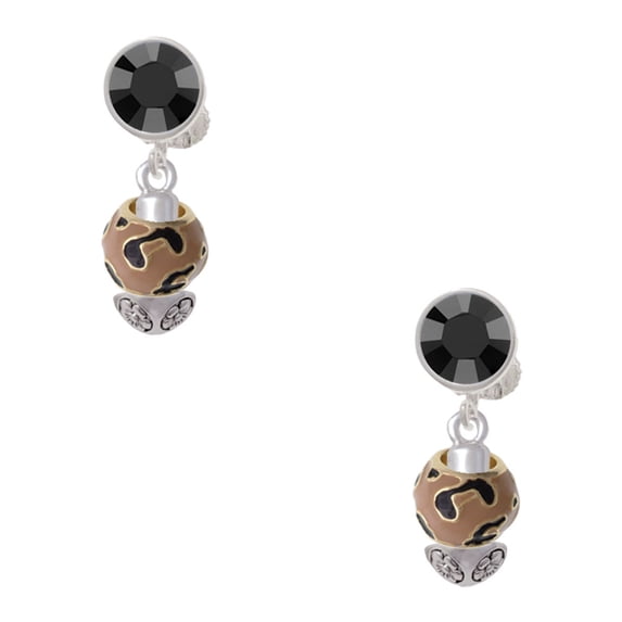 Delight Jewelry Goldtone Wide Tan Cheetah Print Spinners Black Crystal Clip on Earrings