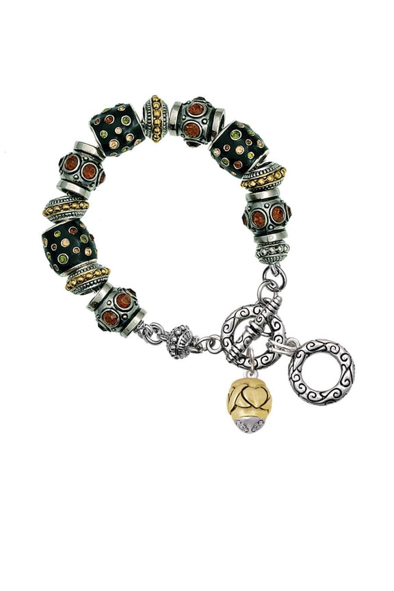 Goldtone X Heart Spacer Spinner Fall Crystal Bead Charm Bracelet