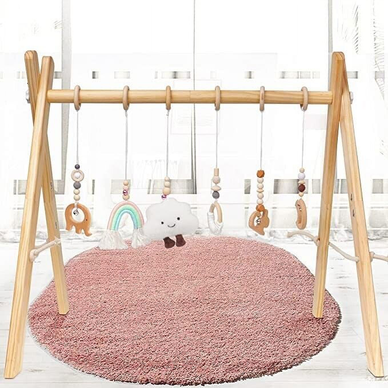 Golener Baby Play Gym Wooden Baby Gym with 6 Infant Activity Toys