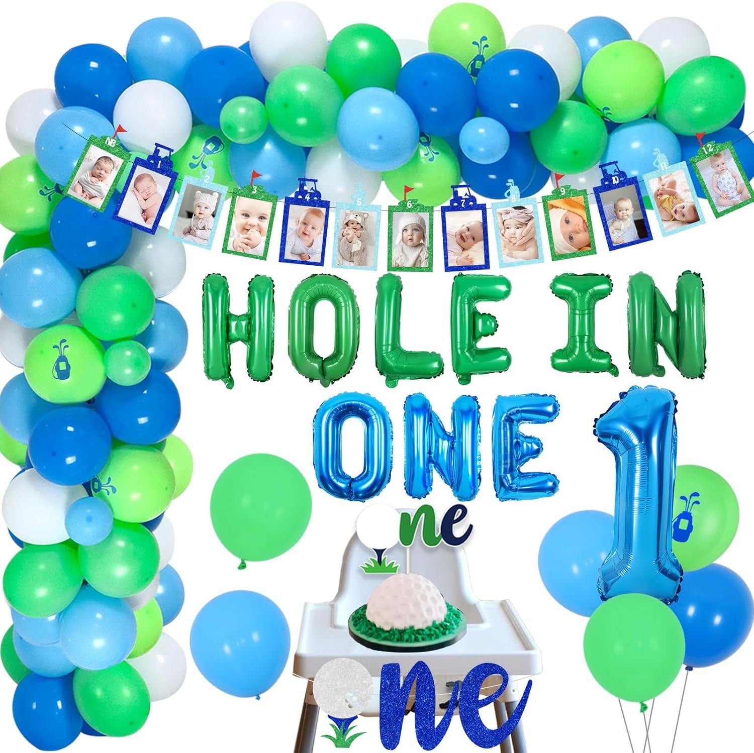 Golf 1st Birthday Decorations, Hole In One Balloon Garland Arch Kit, Golf Photo Banner, One High Chair Banner for Boys First Birthday, Sports Theme Party Supplies