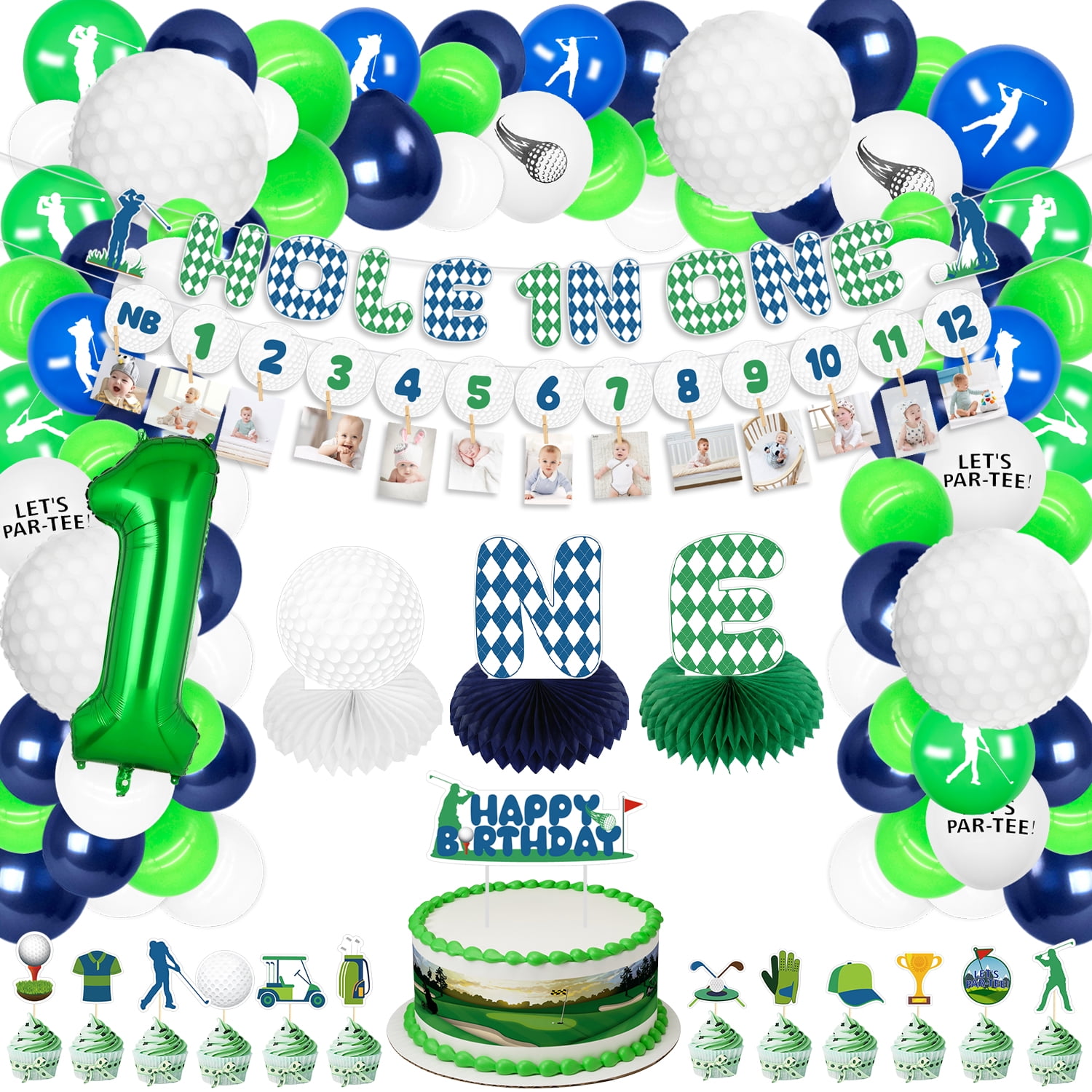 Golf 1st Birthday Decorations, include Hole In One Banner, Golf Monthly Photo Banner, One Year Old Centerpiece, Cake Toppers, Balloons for Boys Baby First Birthday Party Supplies Golf Party Supplies