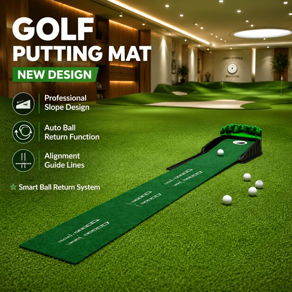 Golf Accelerator PRO Golf Putting Mat with Auto Ball Return Track, Hole Rear Ball Collector & Putting Alignment Guide, Indoor Outdoor Backyard Home Golf Training Mat for Beginners & Golf Enthusiasts