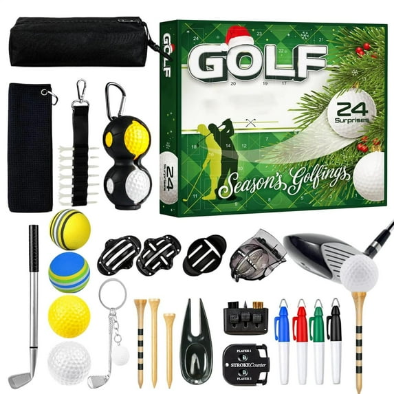 Golf Advent Calendar 2024 | 24 Days of Golf Gifts & Accessories – Golf Balls, Tees, Divot Tool, Club Covers, Ball Markers, Keychain | Holiday Countdown Gift Set for Golf Lovers | Festive Storage Box
