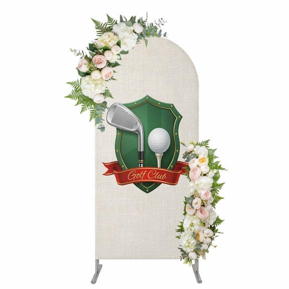 Golf Arch Backdrop Cover 4FT, Modern Red Green Sports Artwork on Linen Spandex Fitted Stretchy Arch Stand Covers, Round Top Chiara Backdrop Cover for Wedding Party Birthday Baby Shower