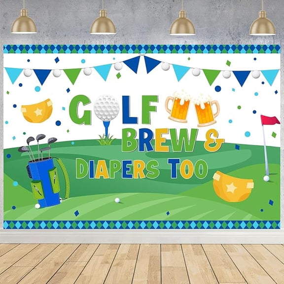 Golf Baby Shower Decorations 7 * 5ft Brew & Diapers Too Decor Backdrop Sports Theme Banner with Golf Club Diapers Pattern Golf Beer Theme Baby Shower Supplies for Golf Dad to Be Beer Party