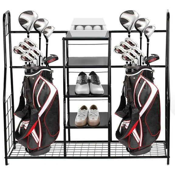 Golf Bag Organizer - Golf Equipment Organizer - Sports Dual Golf Storage Organizer for Sports Gear and Accessories - Holds up to Two Golf Bags