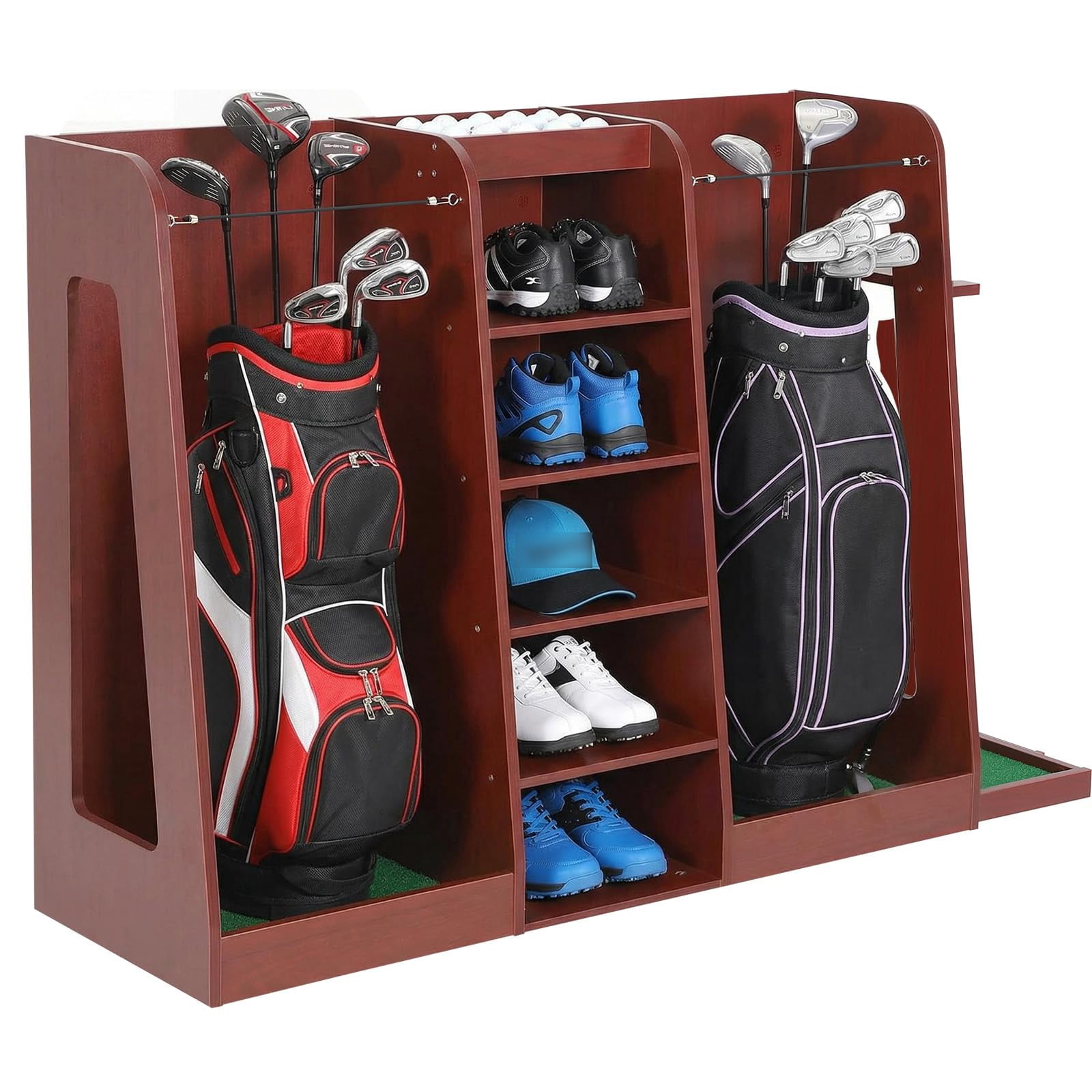 Turf Storage Rack Golf Bag Organizer and Storage Rack, 2-Bag Capacity Wooden Golf Club ...