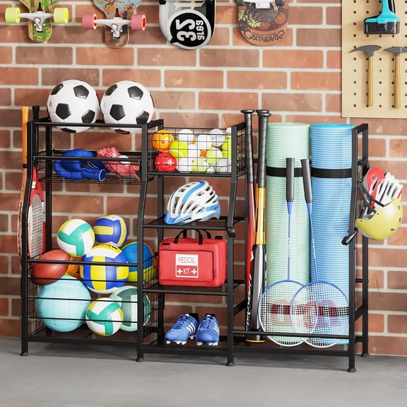 Golf Bag Stand Organizer with Basket Hooks for Garage Storage Rack Two Assembly Methods