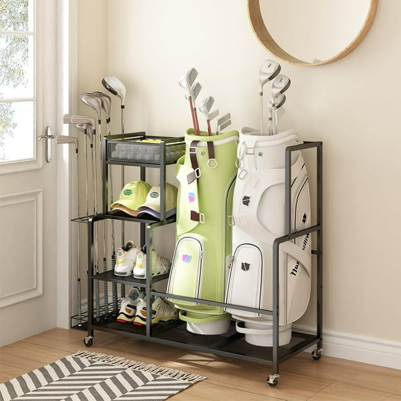 Golf Bag Storage Garage Organizer, Golf Bag Stand Fit for 2 Golf Bags, Golf Equipment Accessories, Golf Bag Storage Rack with Wheels for Garage, Club, Shed, Basement