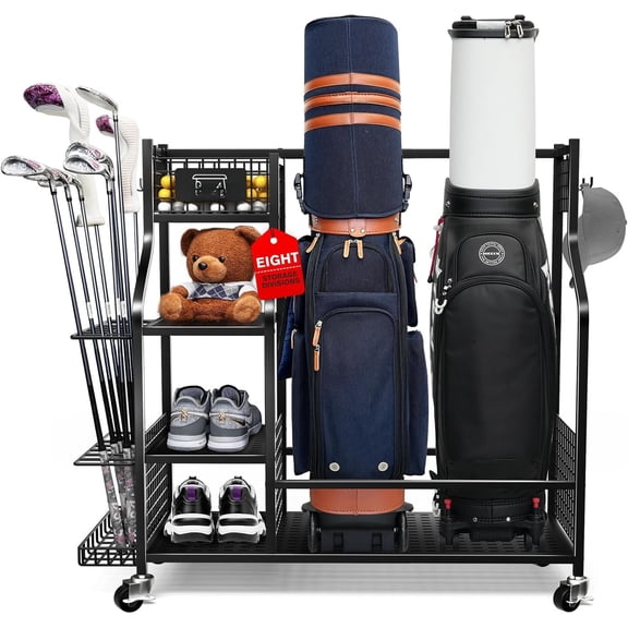 Golf Bag Storage Garage Organizer, Golf Bag Storage Stand and Other Golfing Equipment Accessories Rack, Golf Bag Storage Rack with Wheels, Golf Organizer for , Garage, Club, Shed, Basement