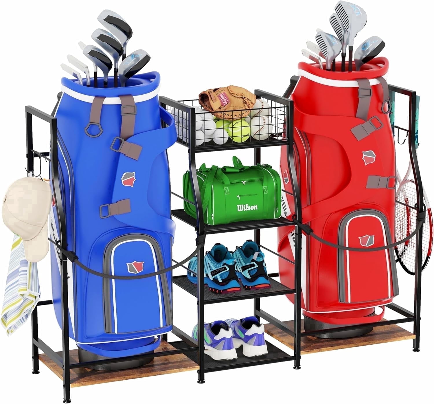X-COSRACK Golf Bag Storage Organizer for Garage, Fits 2 Bags, Heavy-Duty Metal & Wood Equipment Stand with 3-Tier Shelves, Black
