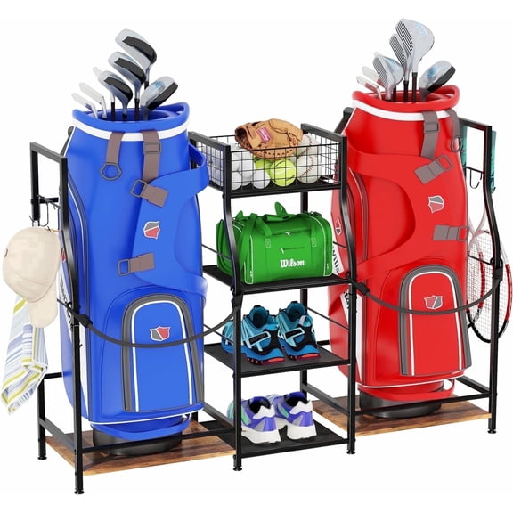 X-COSRACK Golf Bag Storage Organizer for Garage, Fits 2 Bags, Heavy-Duty Metal & Wood Equipment Stand with 3-Tier Shelves, Black
