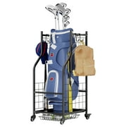 Golf Bag Storage Organizer   YUEYA Heavy-Duty Steel Rack for Garage with Adjustable Feet, Removable Hooks, Soft-Edge Protection for Clubs, Bags & Shoes, Black Holds 1 Golf Bag   Compact
