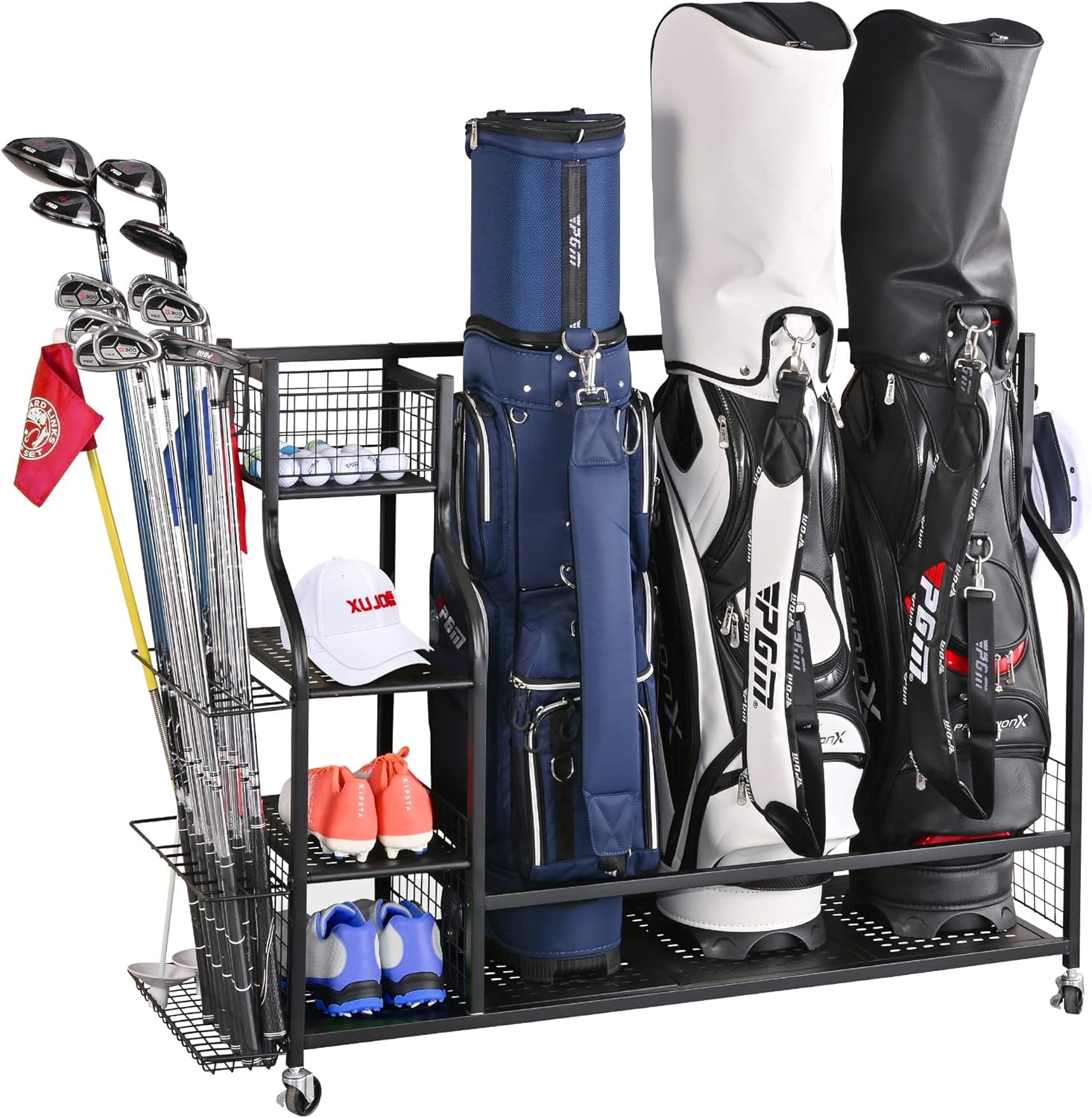 Golf Bag Storage Rack with Wheels, Large Golf Organizer for 3 Bags, Golf Club & Accessories Holder for Garage Basement