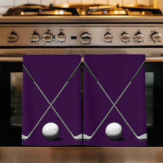 Golf Ball Club Kitchen Towels Set of 3, Sports Abstract Vintage Purple Absorbent Dish Towels for Kitchen, Microfiber Hand Towel, Quick Drying Tea Towel for Cleaning Decorative Dishcloths