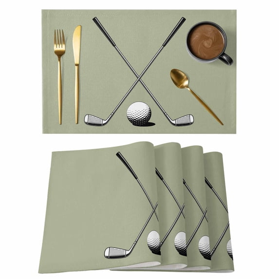 Golf Ball Club Placemats Set of 12, Sports Abstract Vintage Green Placemats for Dining Table, Place Mats for Kitchen Tabletop, Waterproof Wipeable Dining Table Mats Set