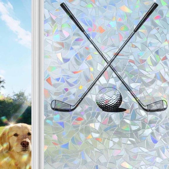 Golf Ball Club Rainbow Window Privacy Film, Game Sports Vintage Abstract Art Stained Glass Window Film, Sun Blocking Glass Clings Static Cling Non Adhesive Door Stickers 19.6 x 39.3 Inches