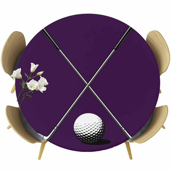 Golf Ball Club Round Tablecloth, Fitted Table Cover with Elastic for 36"-44" Round Tables, Sports Abstract Vintage Purple Table Cloth Outdoor Indoor Dinning Party Waterproof Tablecloths