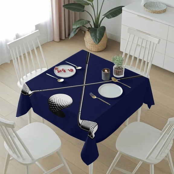 Golf Ball on Dark Blue Background Table Cloth 54x54in, Waterproof Square Tablecloth Wipeable Tablecloths Sports Players Table Covers for Dining Tables Party Indoor Outdoor