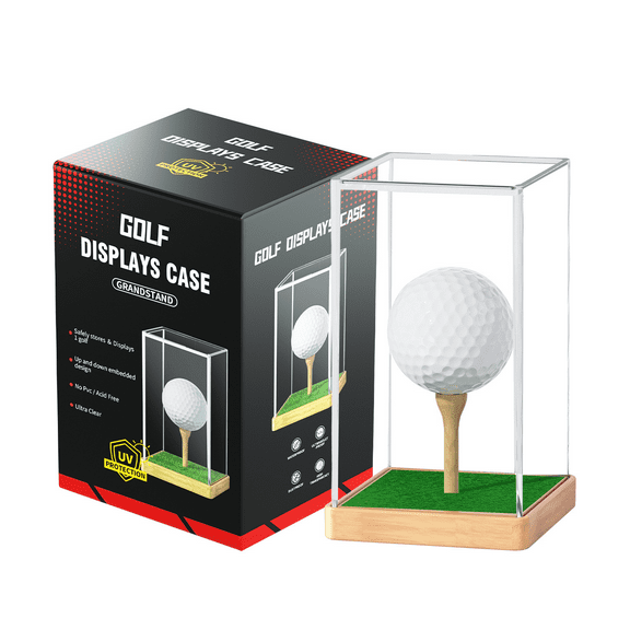 Golf Ball Display Case, Clear Acrylic Stand with Wooden Base & Tee, Realistic Grass, Dust-Proof Single Ball Storage, Natural Wood, 1 pack