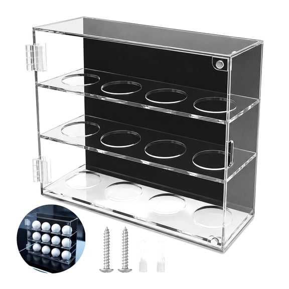 Golf Ball Display Case 12-Slot Clear Acrylic Wall Mount Rack with Dustproof Door