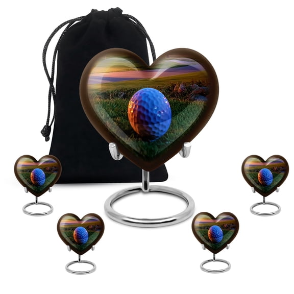 Golf Ball Heart Urn for Human Remain, Urns for Humans Ash Adult Man & Woman, Mini Keepsake Urn for Ashes, Cremation Memorial Gift, Funeral & Burial Urns, 10 " Large, 3 " Small, (Set of 5)