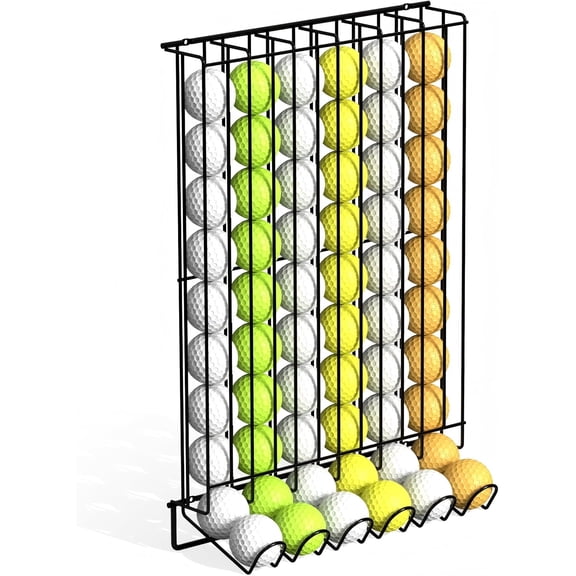 Golf Ball Holder for 60 Balls - Wall Mount & Tabletop Steel Golf Ball Display Case, Black Metal Golf Ball Storage Organizer and Dispenser Rack, Golf Accessories
