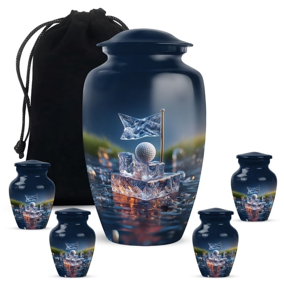 Golf Ball Memorial Gifts, Cremation & Funeral Urn, Small Keepsake Urns for Ashes for Women, Handcrafted Large Urn for Men, Mini Urns for Human Ash, 10" & 3 " Tiny Set of 5