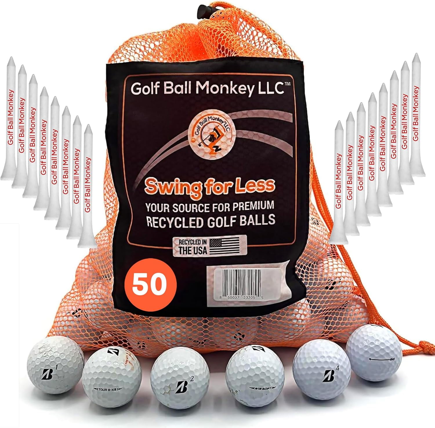 Golf Ball Monkey Cheap Recycled for Bridgestone Golf Balls White Good Condition 50 Pk for Bridgestone e6, e12, Tour BX and BRX Golf Balls & More w/ 15 Tees & Mesh Bag (50)