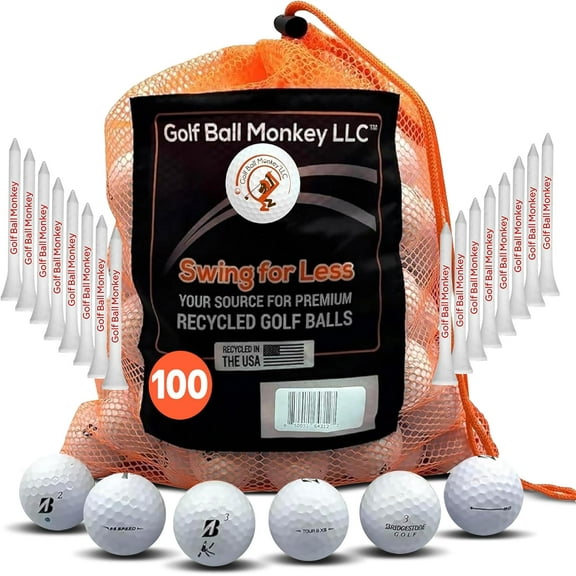 Golf Ball Monkey Cheap Recycled for Bridgestone Golf Balls White Near Mint Condition 100 Pk for Bridgestone e6, e12, Tour BX and BRX Golf Balls & More w/ 15 Tees & Mesh Bag (100)